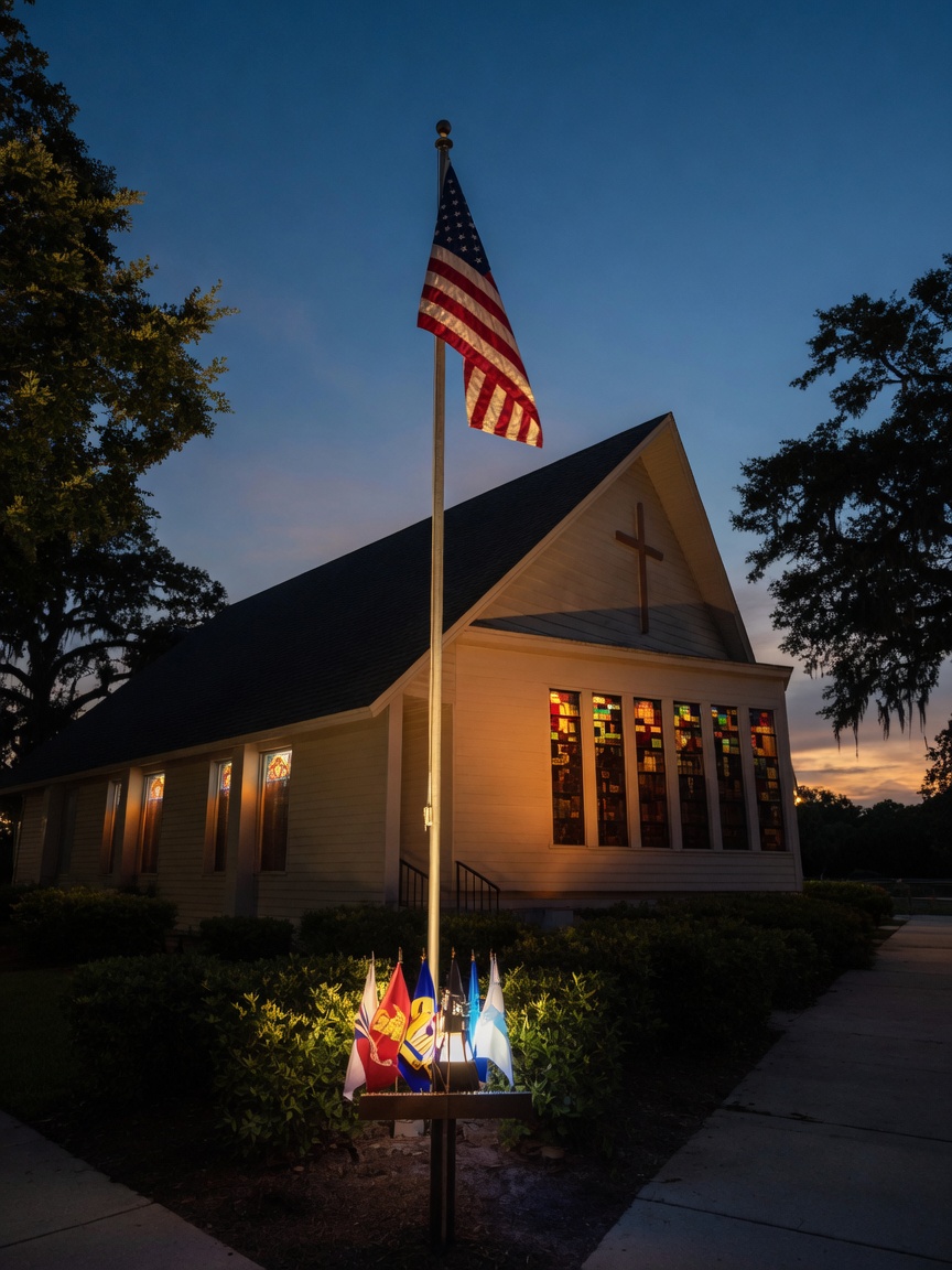 Bear Lake United Methodist Church at dusk, with stained-glass windows glowing and a flag in front.