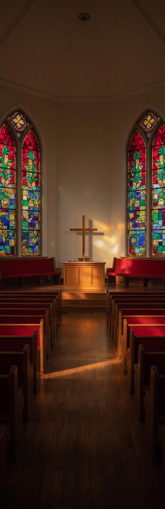 Sunlight through stained glass over red pews in the sanctuary.